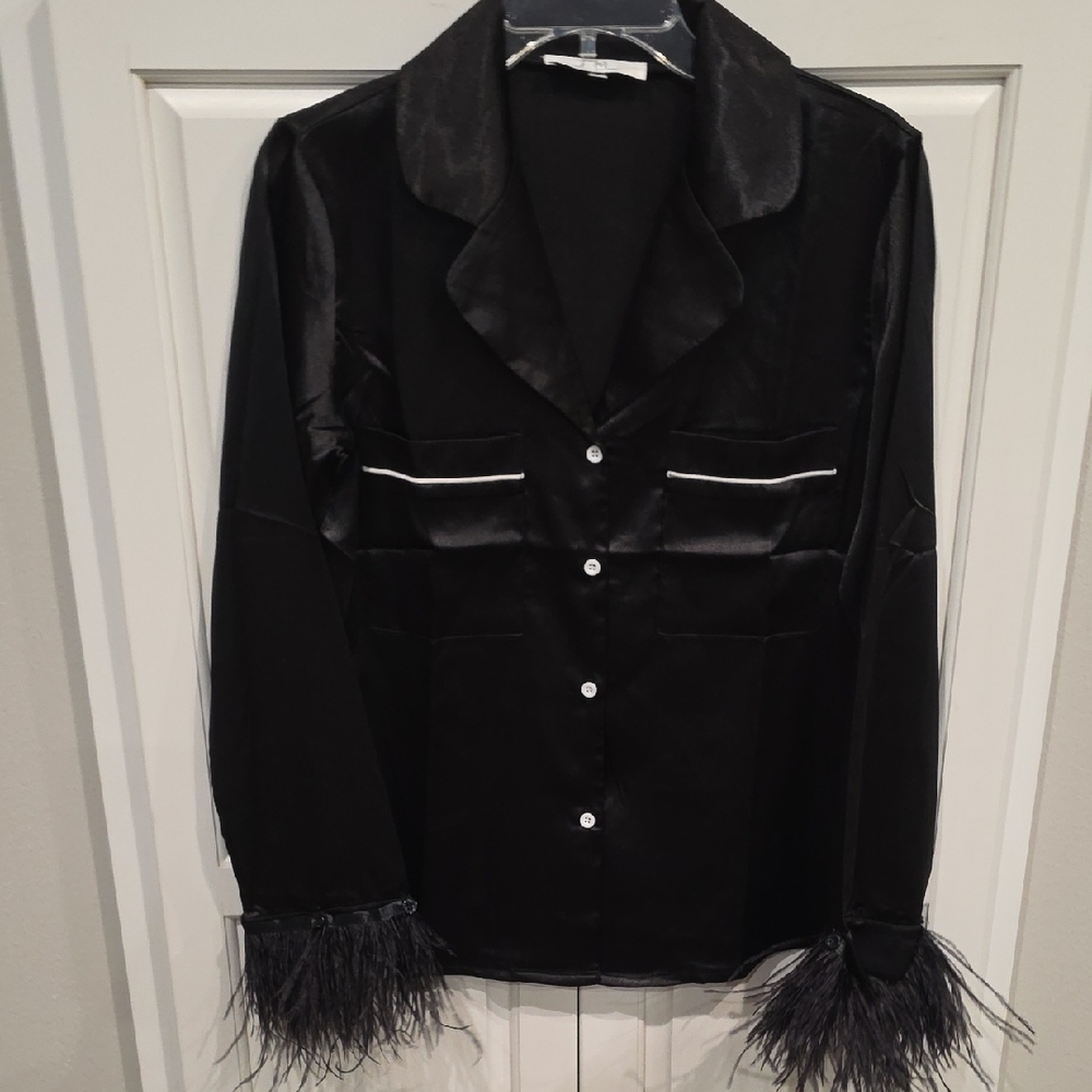 Elegant Black Feather-Trimmed Top